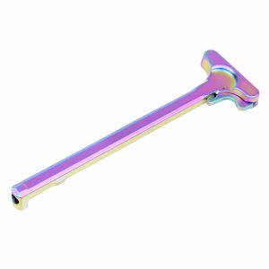 AR-15 charging handle with rainbow PVD coating by Guntec USA.