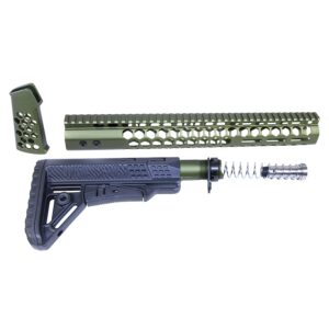 AR-10 Honeycomb Series furniture set in anodized green, featuring stock, handguard, and muzzle brake.