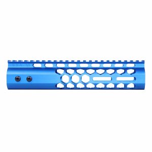 Blue 9-inch Guntec AR-15 handguard with honeycomb M-LOK and full-length Picatinny rail.