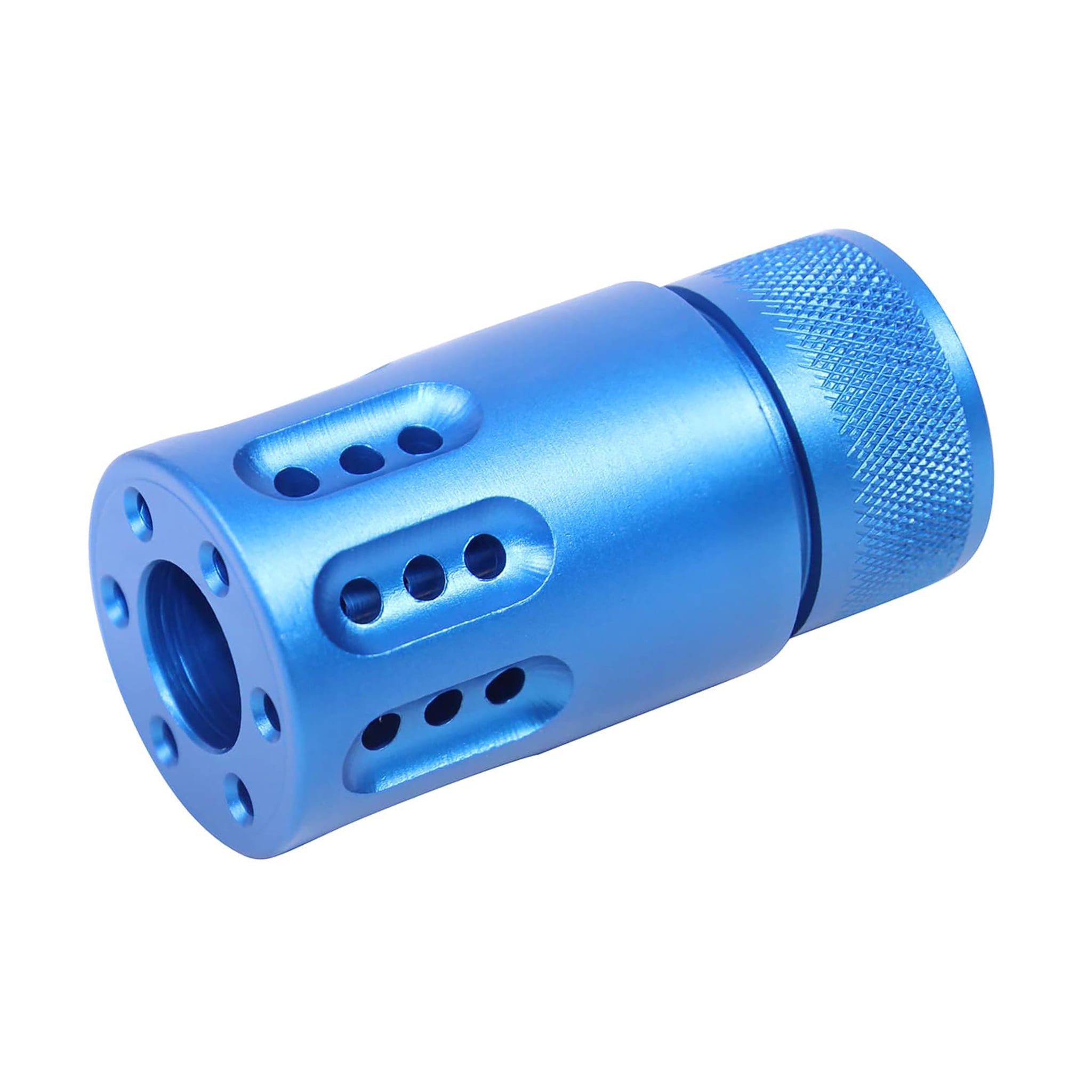 Anodized Blue Mini Barrel Shroud Muzzle Brake Anodized blue AR-15 mini slip over barrel shroud with multi port muzzle brake