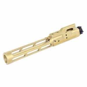 AR-15 low mass bolt carrier with tin coating and skeletonized design.