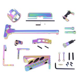 Array of AR-15 finishing kit components with matte rainbow PVD coating.