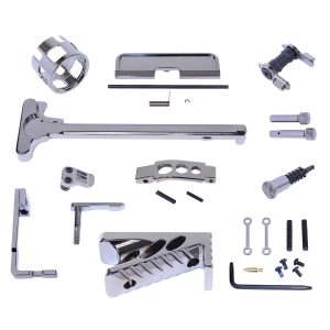 AR-15 finishing kit components in black chrome on white background.