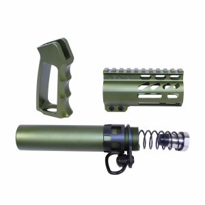 AR-15 micro pistol parts in anodized green with ergonomic grip and modular rail system.