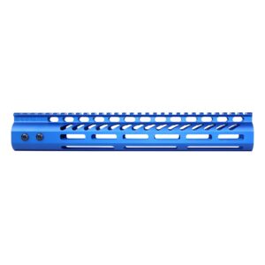 Blue 12-inch Guntec M-LOK handguard with monolithic top rail and lightweight design.