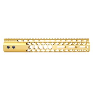 Guntec USA 12 gold anodized Honeycomb M-LOK handguard with monolithic top rail.