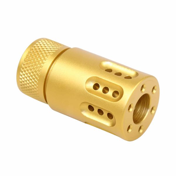Gold anodized 9MM muzzle brake and barrel shroud for firearms