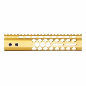 Gold 9-inch Guntec USA M-LOK handguard with honeycomb cutouts and top rail.