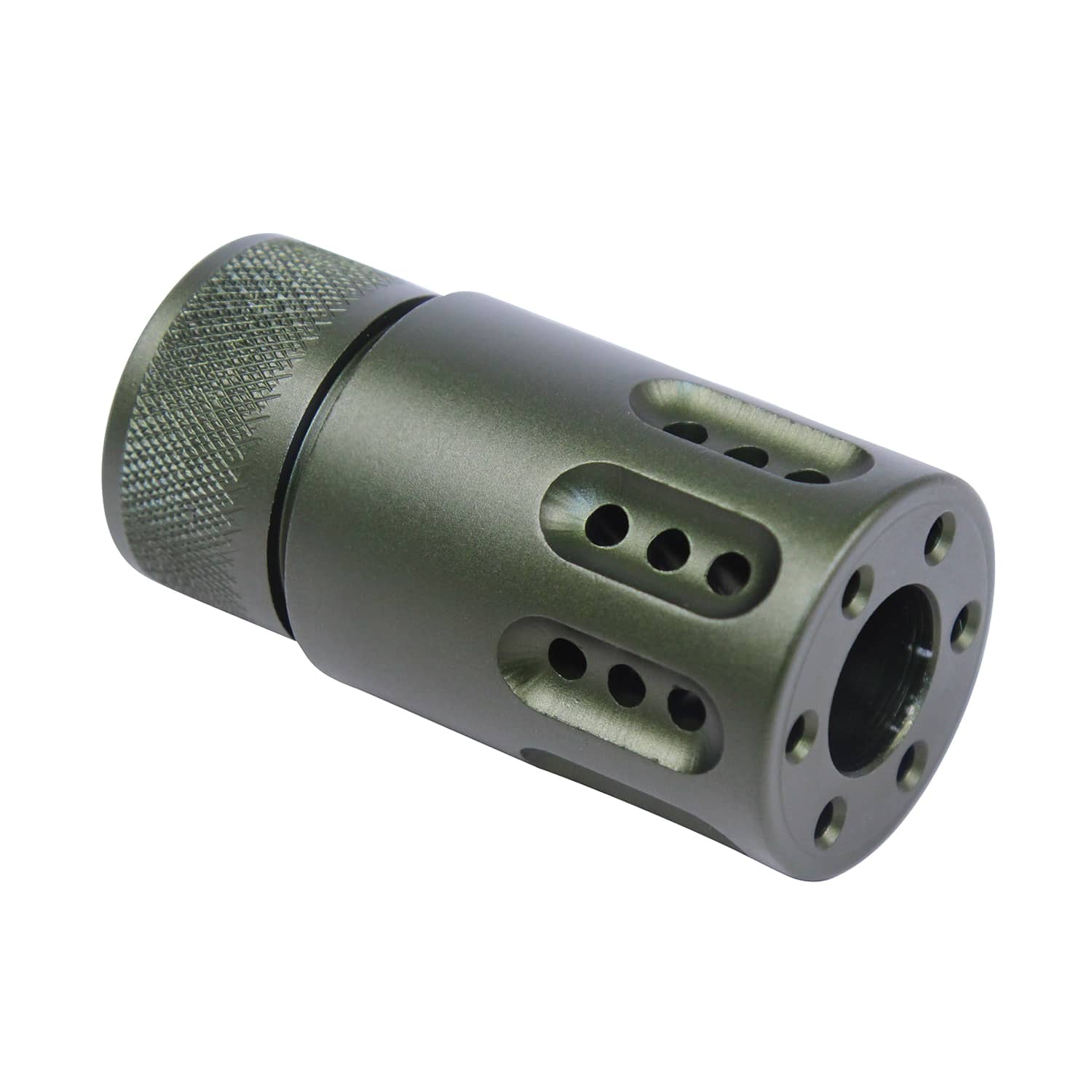AR-15 9MM muzzle brake and barrel shroud in olive green anodized finish