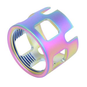 AR-15 extreme duty wide castle nut with iridescent finish for buffer tube attachment.