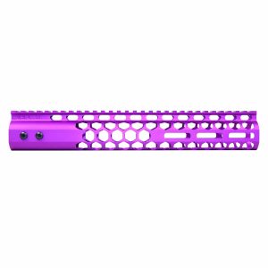 Purple 12-inch Guntec AR-15 handguard with honeycomb design and M-LOK rail system.