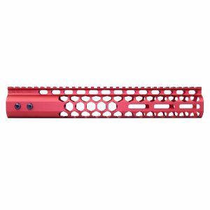 Red 12-inch Guntec USA M-LOK handguard with honeycomb design and full-length Picatinny rail.