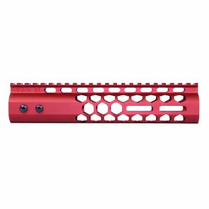 Red 9-inch Guntec USA M-LOK handguard with honeycomb pattern and top rail.