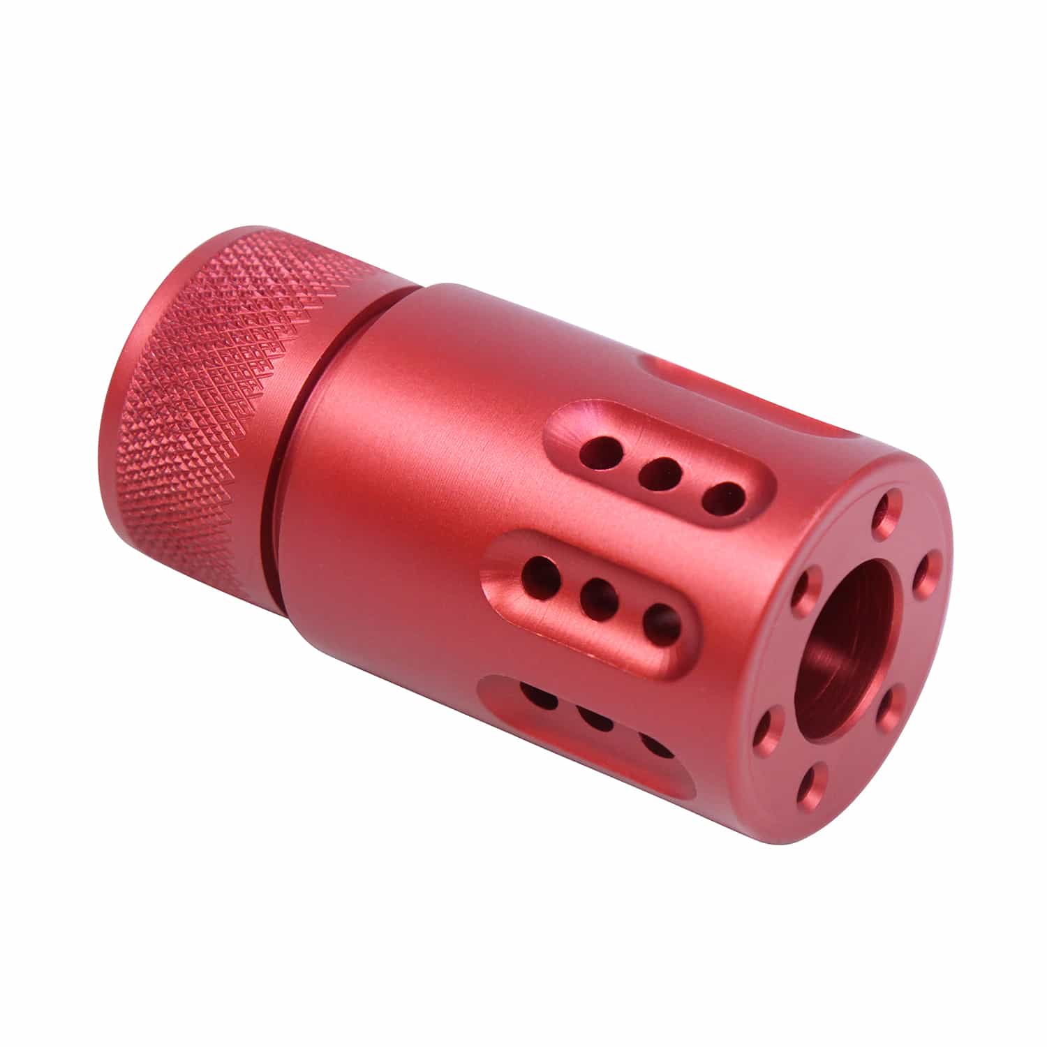 An AR-15 9MM red anodized muzzle brake and barrel shroud.