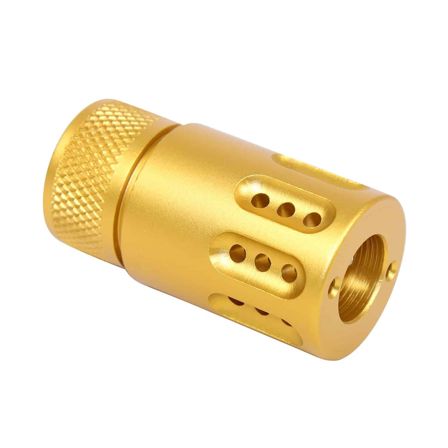 AR .308 caliber mini muzzle brake and shroud in anodized gold