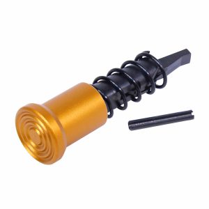 AR-15 forward assist assembly with anodized orange cap and black spring.