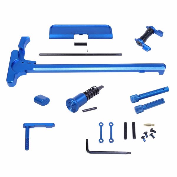 Guntec USA AR .308 blue accent kit components on white background.