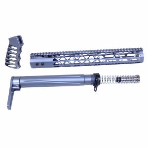 AR .308 AIR Lite Series furniture set in anodized grey, featuring handguard, buffer tube, and grip.