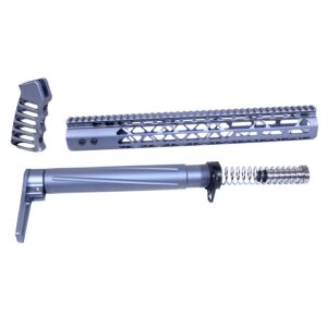 AR .308 AIR Lite furniture set with handguard, buffer tube, and grip in anodized grey.