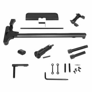 Assorted AR .308 caliber firearm parts in black anodized finish on white background.