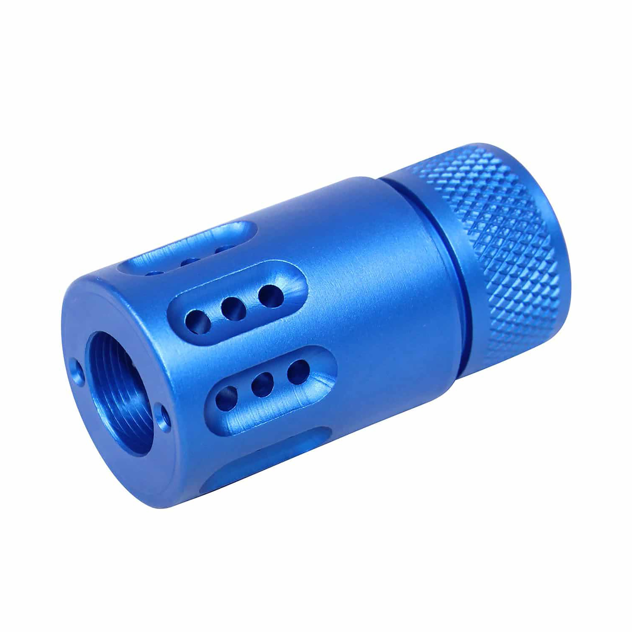 blue-308-mini-muzzle-brake-shroud_TT AR .308 Cal Mini Slip Over Barrel Shroud With Multi Port Muzzle Brake (Anodized Blue) - Image 1