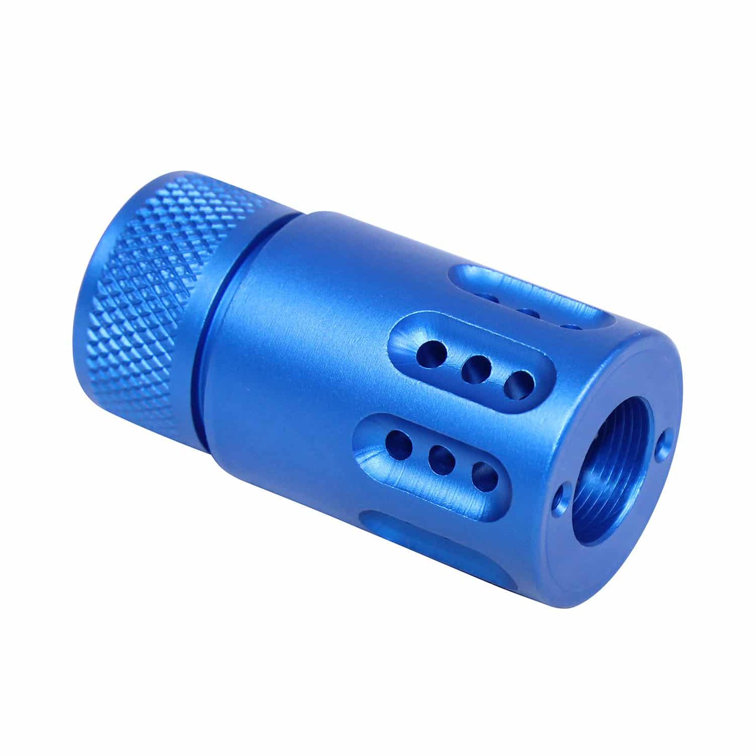 AR .308 caliber muzzle brake and shroud in anodized sapphire blue