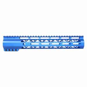 Blue 12-inch Guntec M-LOK Handguard with Top Rail for AR-15s.