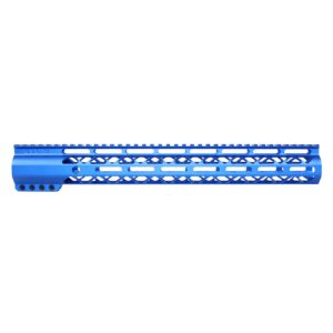 Guntec USA 15-inch blue AR-15 handguard with M-LOK rail system and heat vents.