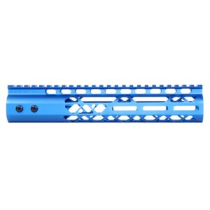 Blue 10-inch Guntec M-LOK handguard with full-length Picatinny rail and lightweight design.