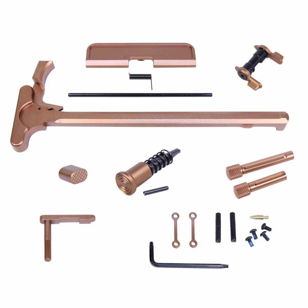 Bronze AR .308 rifle parts kit laid out on white background.