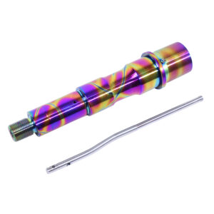 Colorful cylindrical tool component with threaded end and accompanying metallic rod.