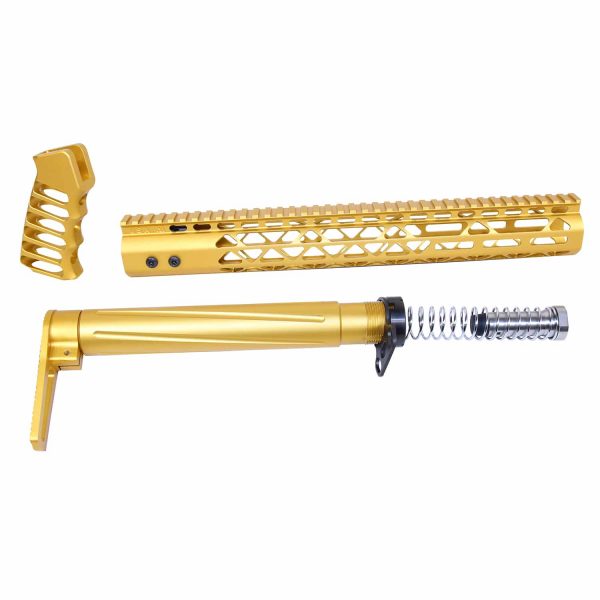 Gold AR .308 AIR Lite Series furniture set with grip, barrel, and buffer tube components.