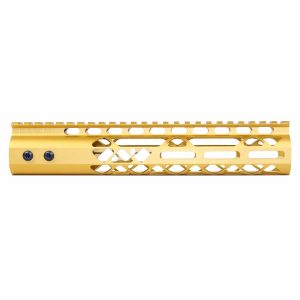 Gold 10-inch Guntec USA M-LOK handguard with monolithic top rail for tactical firearms.