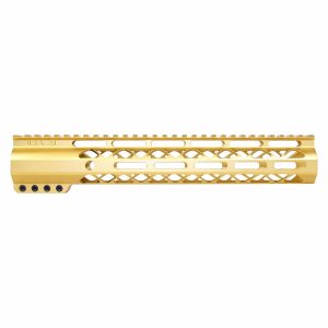 Gold 12-inch Guntec USA M-LOK handguard with top Picatinny rail.