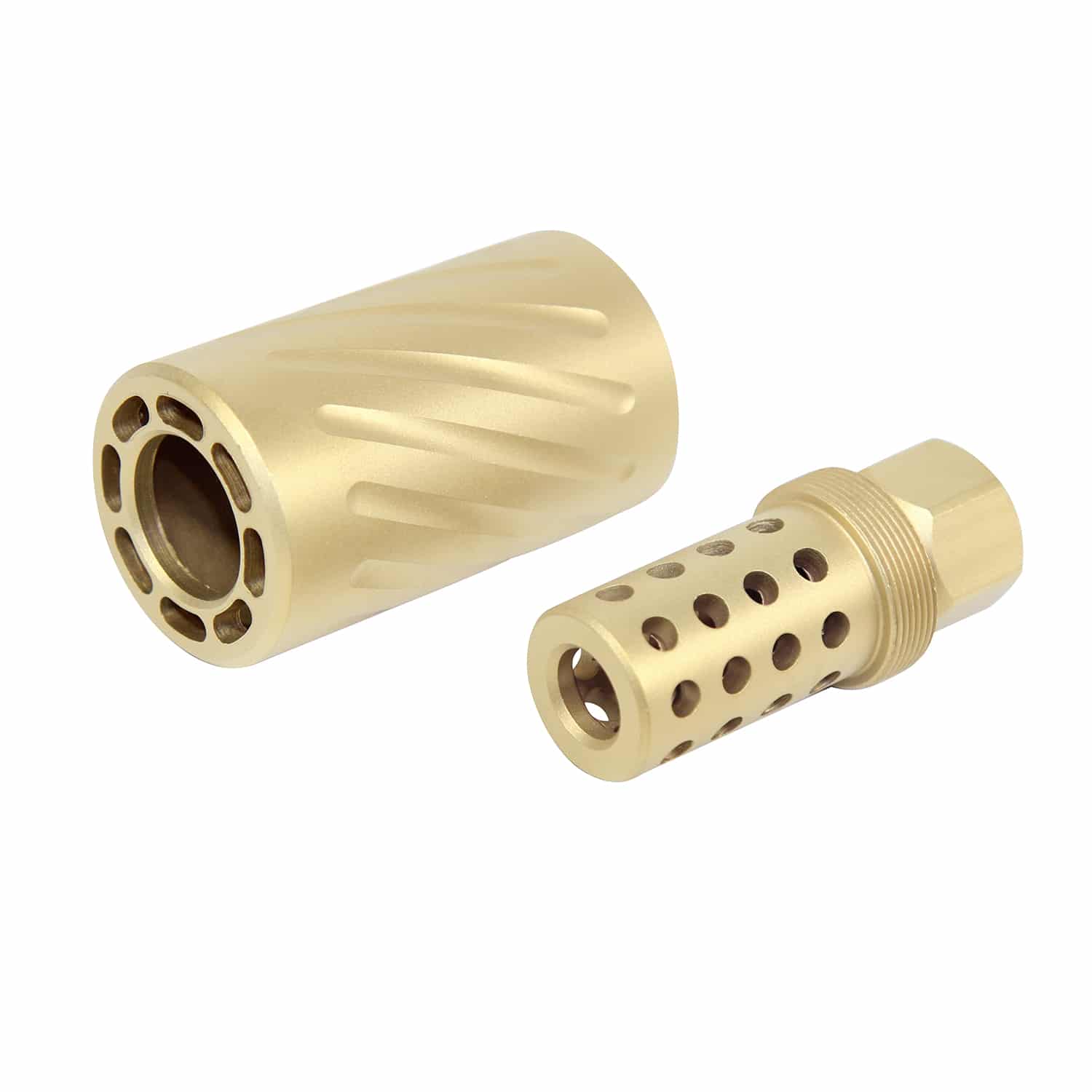 AR-15 muzzle compensator and QD blast shield with a gold TiN coating