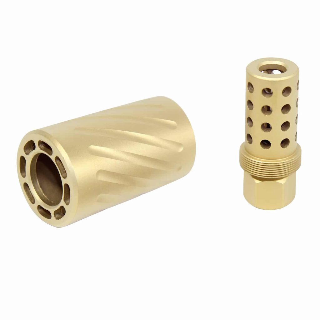 AR-15 muzzle compensator and quick-detach blast shield in golden TiN finish