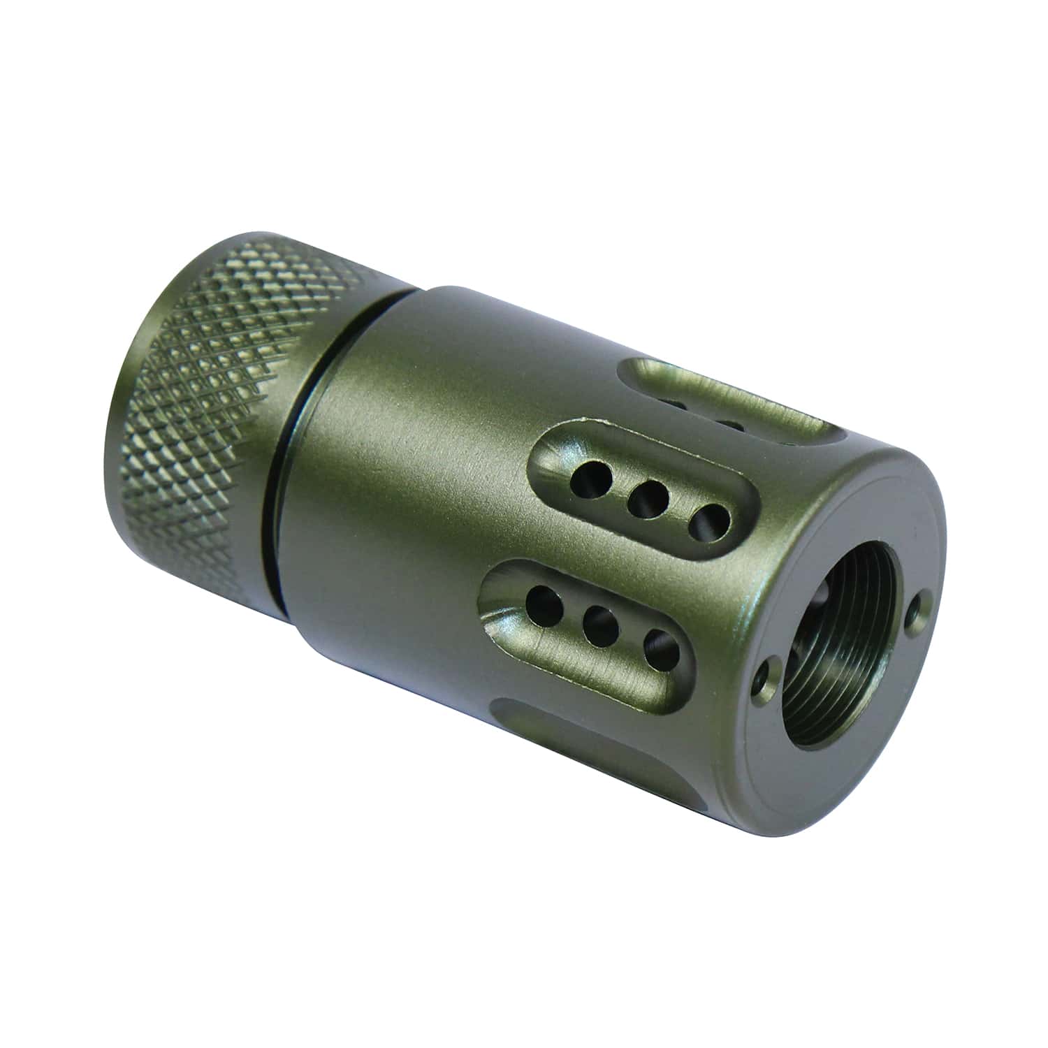 AR .308 caliber mini muzzle brake with barrel shroud in anodized green