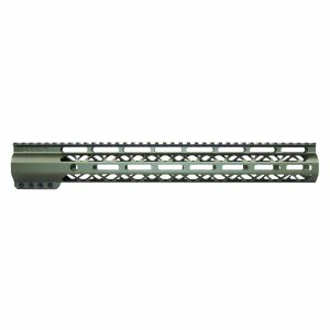 Guntec USA 15-inch olive green M-LOK handguard with top rail for AR-15 rifles.