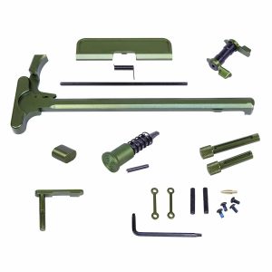 AR .308 Caliber Green Anodized Accent Kit components for rifle assembly.