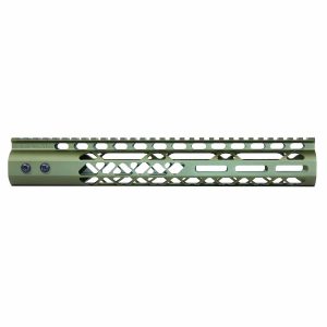 Guntec USA 12-inch M-LOK green handguard with monolithic top rail.