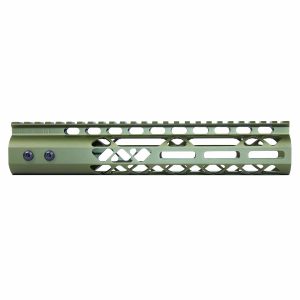 Olive green 10 Guntec USA M-LOK handguard with Picatinny top rail.