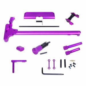 Assorted AR .308 Cal accessory kit in anodized purple, showcasing diverse firearm components.