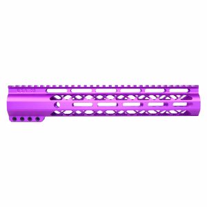 Purple 12-inch Guntec AR-15 M-LOK handguard with top rail and heat-dissipating cutouts.