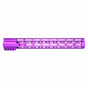 Guntec USA purple anodized 15 M-LOK free floating rifle handguard with top rail.