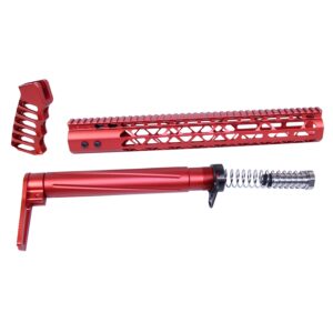 AR-308 red anodized handguard, buffer tube, and pistol grip set.