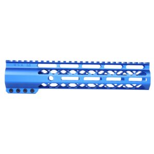 Bright blue 10-inch Guntec USA M-LOK handguard with monolithic top rail and geometric cutouts.