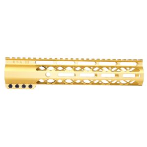 Guntec USA gold 10-inch M-LOK handguard with monolithic top rail.