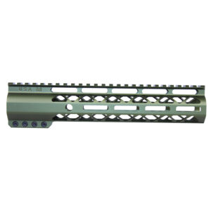 Green anodized rifle handguard with Picatinny rail and geometric cutouts.