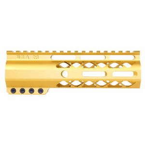 Gold Anodized 7 Guntec USA M-LOK Handguard with Monolithic Top Rail.