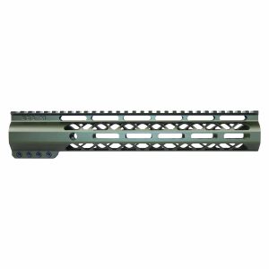 Olive green 12-inch Guntec USA M-LOK handguard with top Picatinny rail.